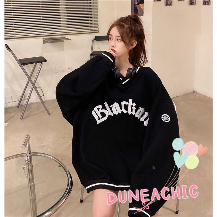 DUNEA Áo Nỉ Cổ Chữ V Thêu Chữ Quyến Rũ Trẻ Trung Cho Bạn Gái