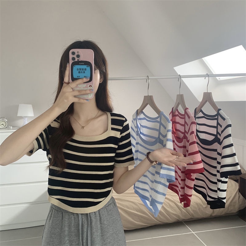Áo Thun Dệt Kim Tay Ngắn Họa Tiết Kẻ Sọc Thời Trang Mùa Hè Cho Học Sinh