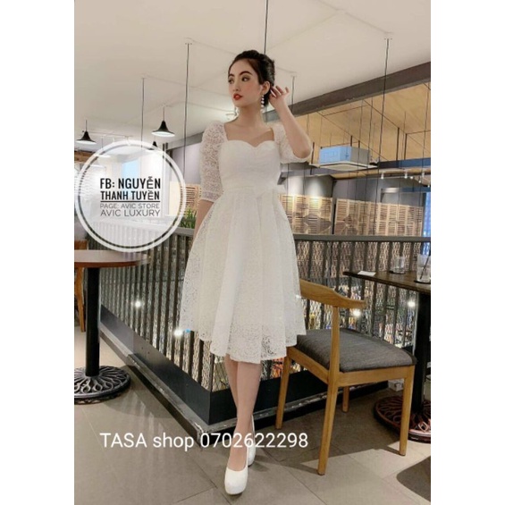 TSO-Ảnh thật, Váy ren kèm lót đầm nữ tay lỡ xoè tay bồng cúc ngực ren hoa cúc tiểu thư công chúa xinh xắn