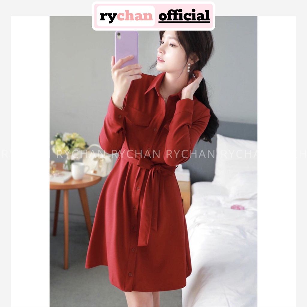DX142 - Đầm Xòe Sơ Mi Thắt Nơ Eo 2 Màu Hồng Đỏ Tay Dài