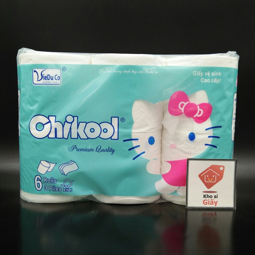 Lốc 6 cuộn giấy vệ sinh không lõi 4 lớp Chikool Mèo Kitty - Giấy cuộn nhỏ loại 1