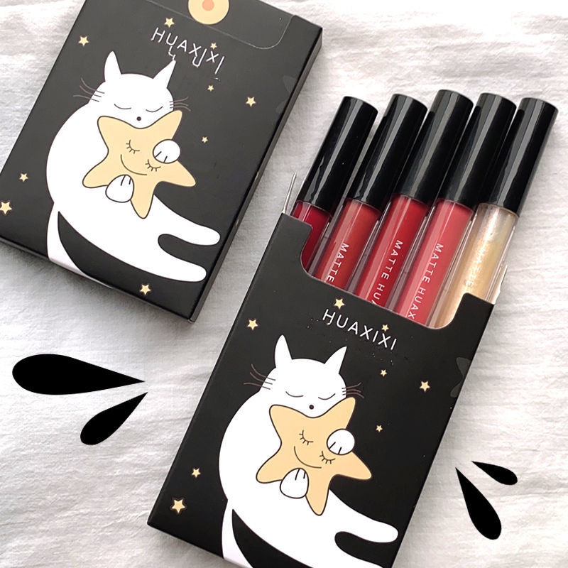 (Hàng Mới Về) Set 5 Son Kem Lì Không Phai Màu Không Lem Vào Cốc Thiết Kế Hình Mèo Dễ Thương