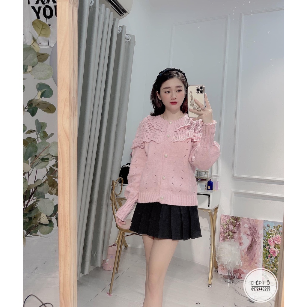 [ ảnh thật -sẵn ] Áo khoác len cúc ngọc viền bèo siêu xinh