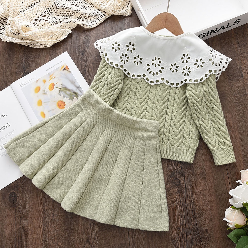 BEAR LEADER Bộ Áo Khoác Cardigan Len 2 Món Phối Đầm Ren Thời Trang Thu Đông Cho Bé Gái 2-6 Tuổi