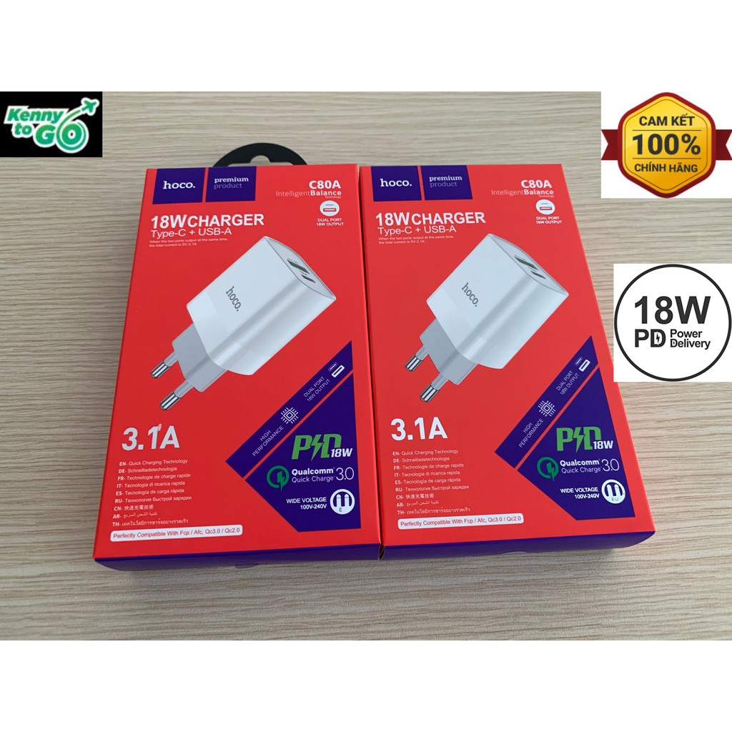 Cốc Sạc Nhanh Hoco C80A 2 Cổng Ra Tiện Lợi USB + Type- C PD 18W, 3.1A Q.C 3.0