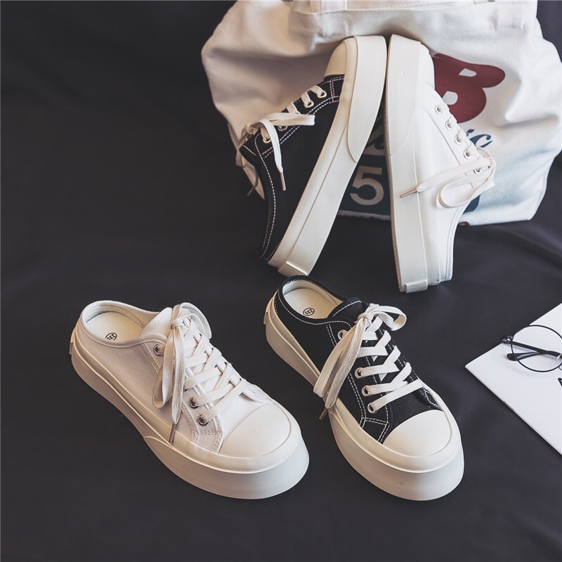 Giày Sục Ulzzang dây buộc thể thao nữ đế bánh mì vải mềm màu đen trắng năng động trẻ trung hot trend đẹp