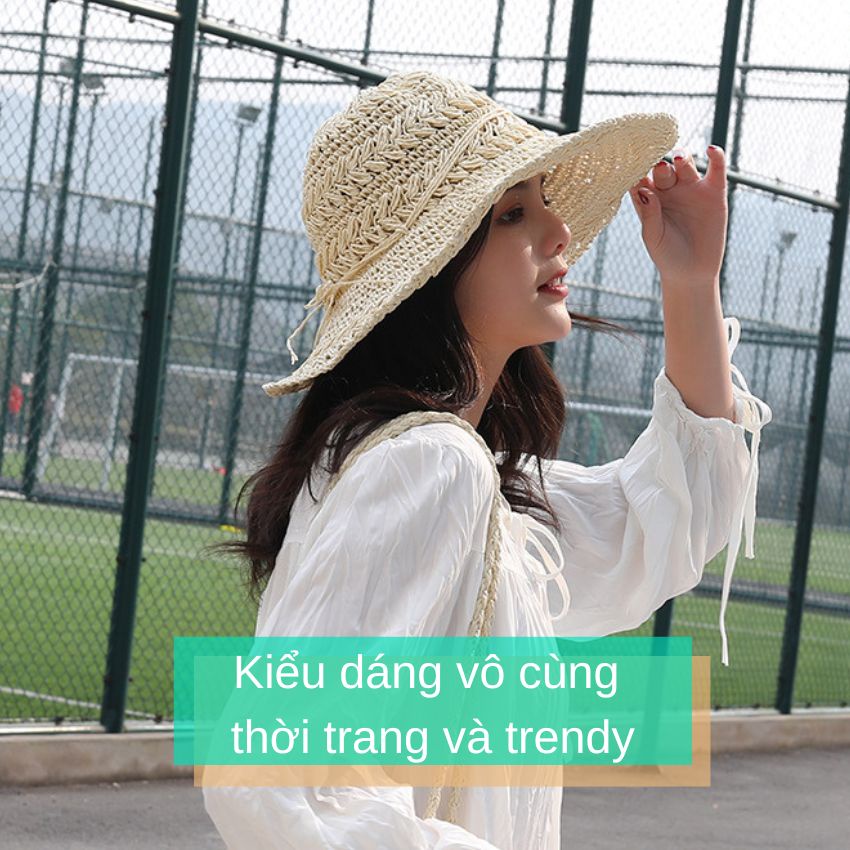 Mũ cói mềm đan móc rộng vành thắt dây cói