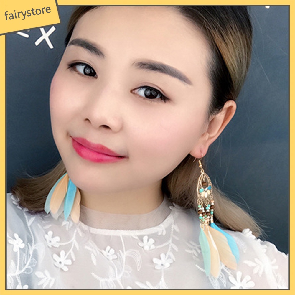 Hoa Tai Dáng Dài Phối Lông Vũ Phong Cách Bohomian