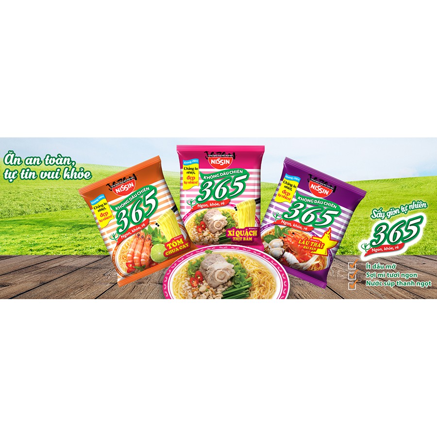 Mì không chiên Nissin 365 Tôm chua cay/ Lẩu thái/ Xí Quách