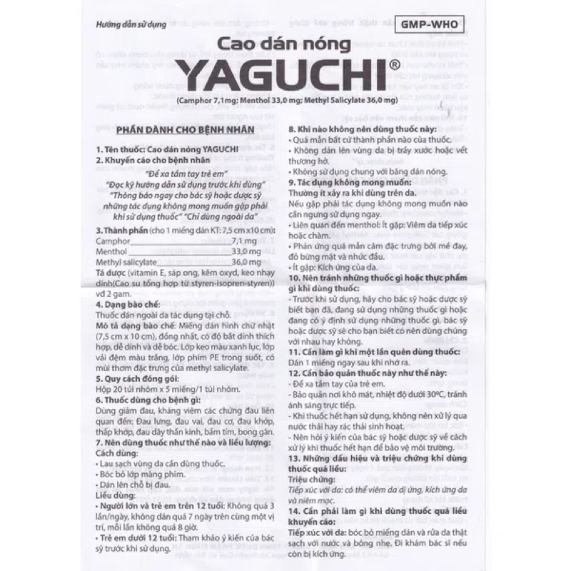 Cao dán thảo dược YAGUCHI giảm đau cơ, khớp