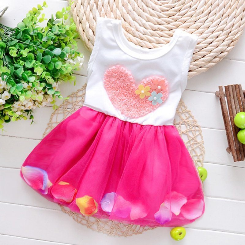 Đầm xòe không tay họa tiết trái tim phối cánh hoa nhiều màu dễ thương cho bé gái