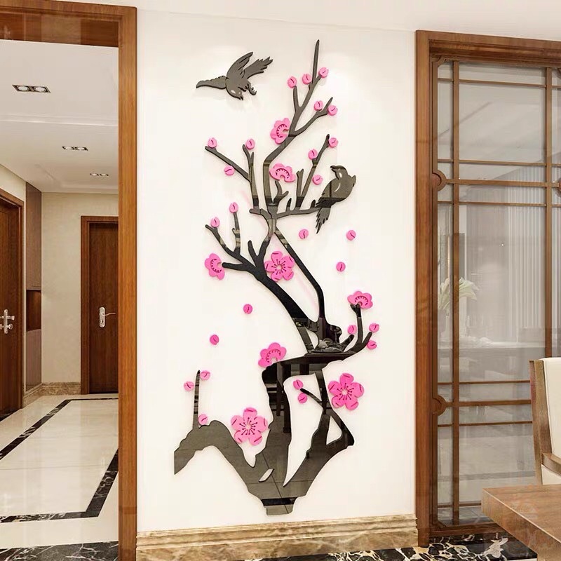 Decal mica dán tường đào hồng chất liệu mica dán nổi trang trí tết, hoa đào hoa mai 2023