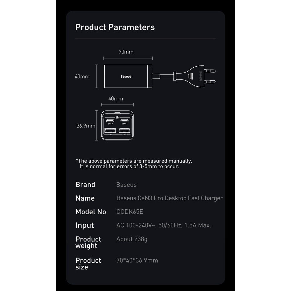 Củ Sạc Nhanh Baseus 65W GaN3 Pro 4 Trong 1 USB Type C 4.0 Cho iPhone 13 Pro Max