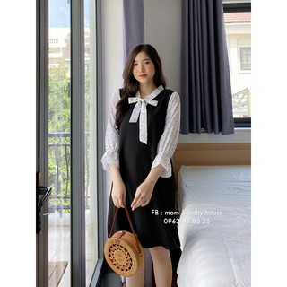 Đầm bầu yếm phối tay dài bo nơ cổ ( có video )