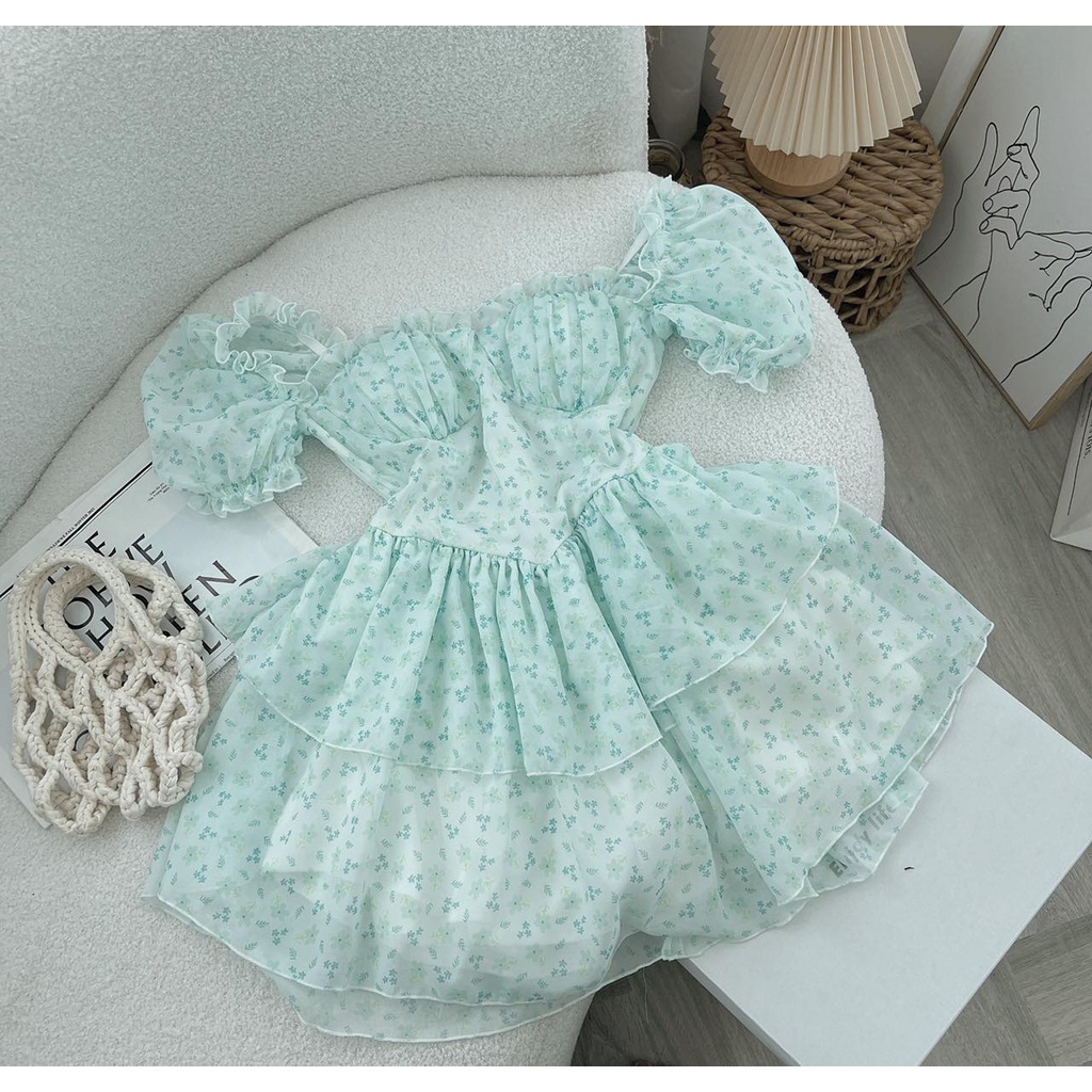 ĐẦM HOA XANH MINT CÚP NGỰC LAI TẦNG
