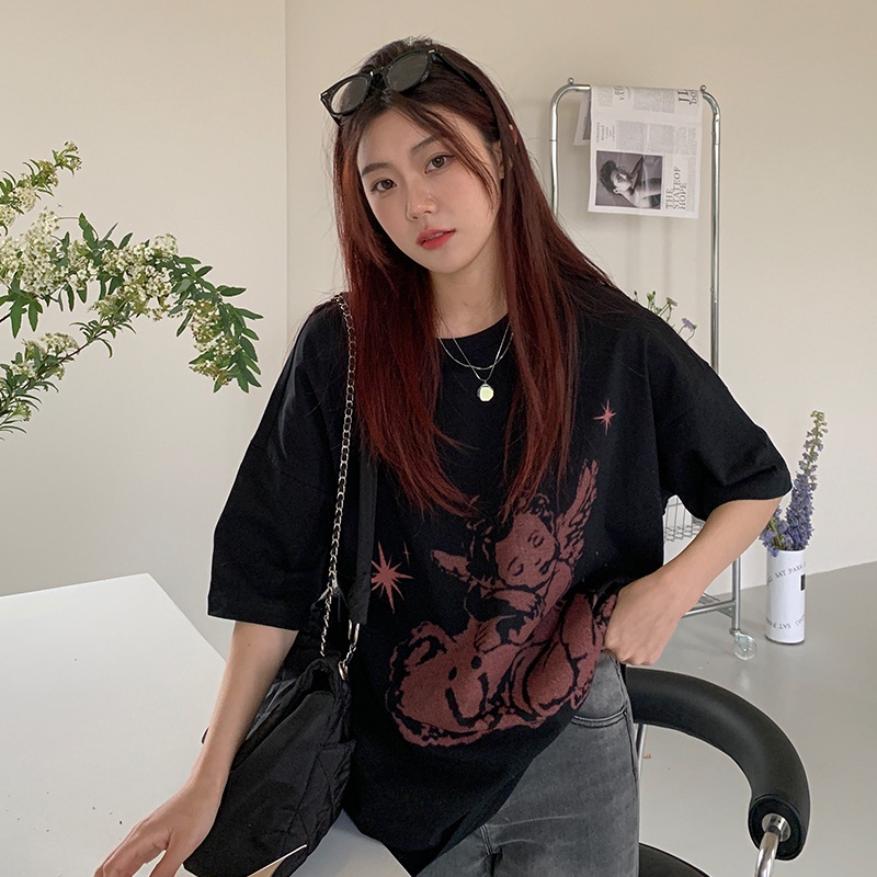 SUXI Áo Thun Nữ Ngắn Tay Cổ Tròn In Hình Thiên Thần Phong Cách Thể Thao