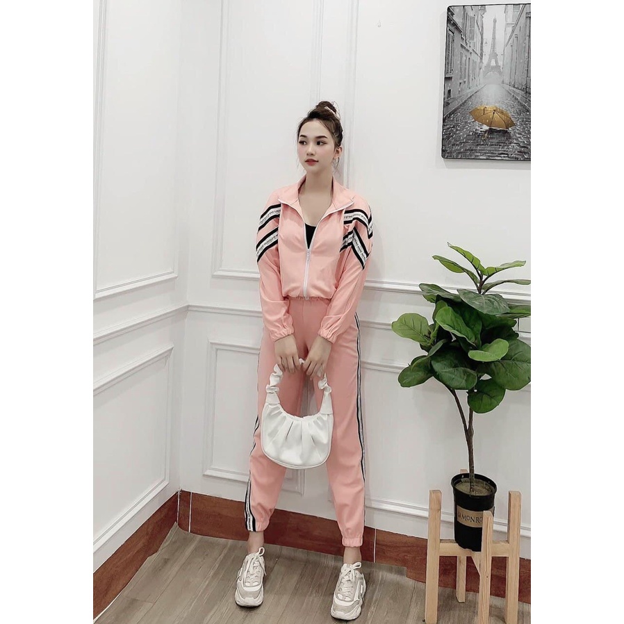 Bộ thu đông nữ phối viền dài tay quần bo gấu chất da cá tàu siêu đẹp,tôn dáng sáng da - Set thể thao nữ dài tay