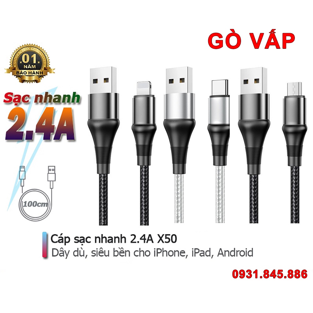 ⚡Mới⚡ Cáp Sạc Sạc Nhanh + Chống Gãy Dây Dài 1m 2m Hoco X50 3A 18W Lightning Type C Micro IPhone Android