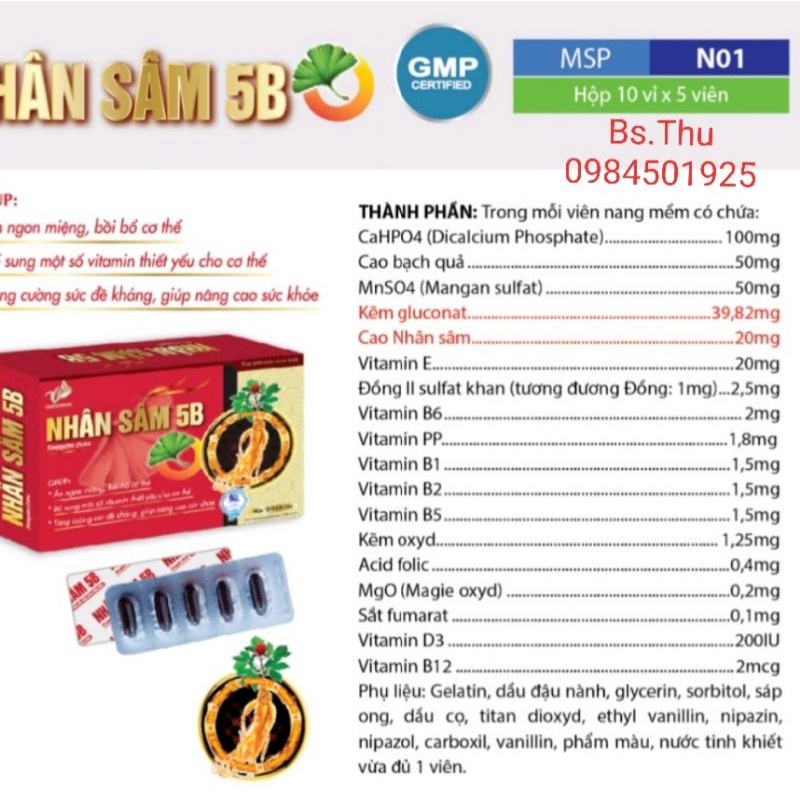 NHÂN SÂM 5B Vitamin 5B hộp 50 viên từ Cao Nhân Sâm - Dùng cho người suy nhược, mệt mỏi và thiếu hụt vitamin B