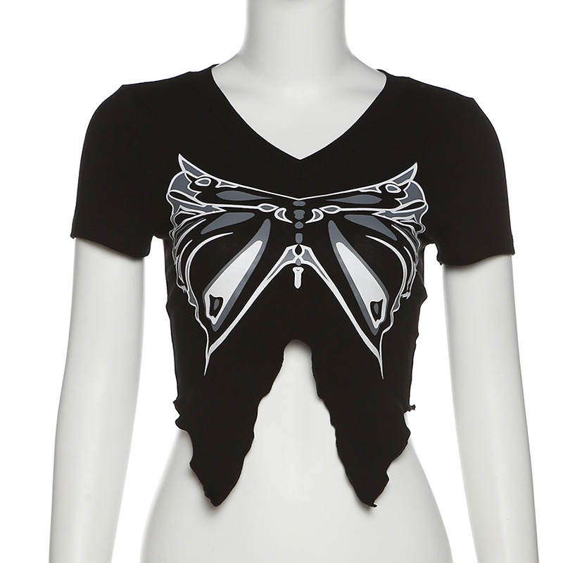 Áo Thun Nữ Ngắn Tay Cổ Chữ V In Hình Bướm Thời Trang