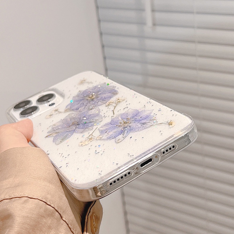 Ốp Điện Thoại TPU Mềm Trong Suốt Chống Sốc Họa Tiết Hoa Khô Lấp Lánh Cho Compatible For iPhone 13 12 11 Pro Max X XS XR 8 7 6 6S Plus