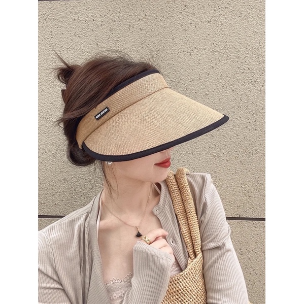 Mũ cói hở chóp vành rộng chống nắng tia uv hoạ tiết chữ , phụ kiện thời trang nữ