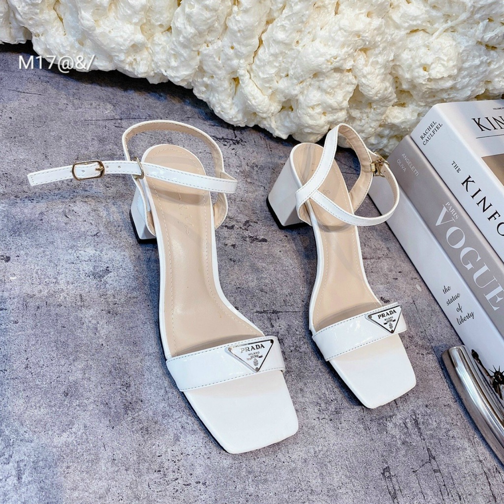 Sandal gót vuông prada 5cm quai ngang mảnh,hàng chuẩn đẹp