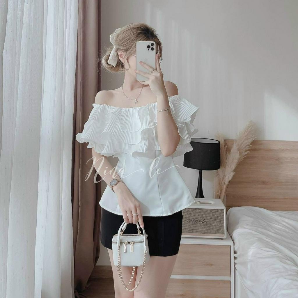 Set chân váy chữ A xinh xắn mix áo trễ vai xòe bèo xếp tầng đáng yêu cho nàng diện đi chơi, dự tiệc