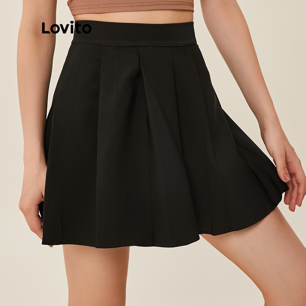 Lovito Váy Xếp Ly Cơ Bản Kẻ Sọc Lovito L20D381 (Đen)