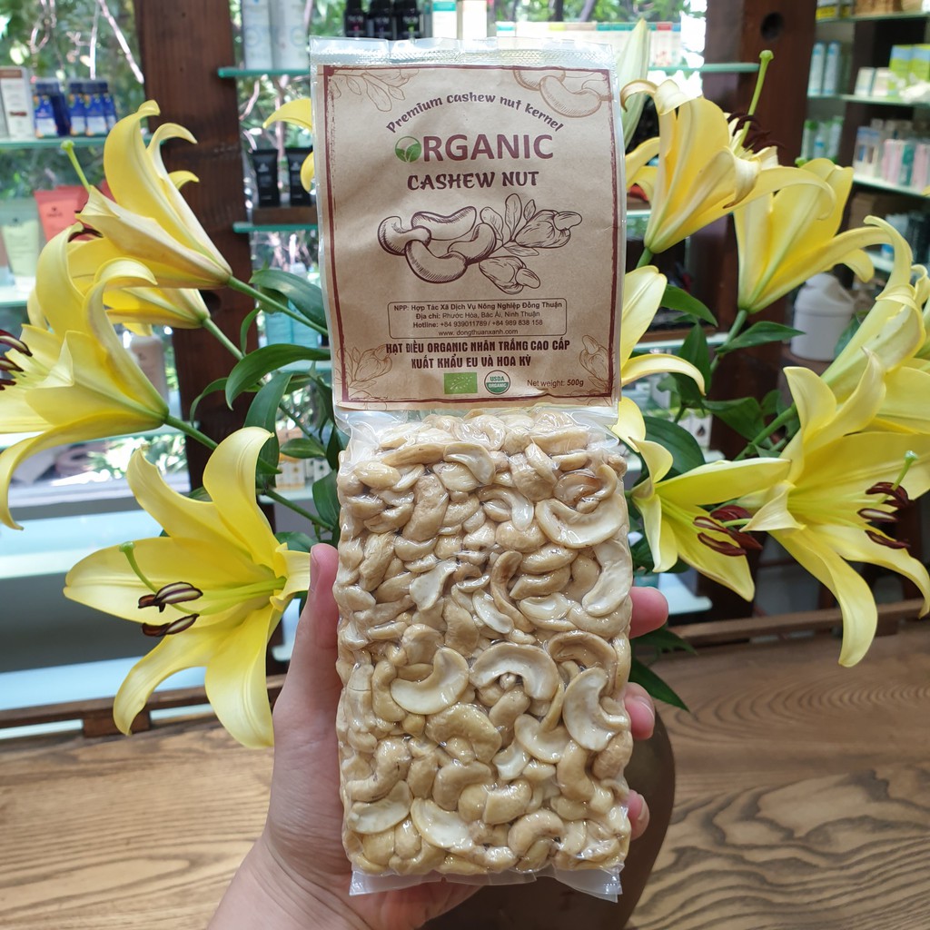 Hạt điều hữu cơ nhân trắng vỡ đôi Việt Organic 100% điều tươi hữu cơ đã tách vỏ lụa hộp 400g, túi 50g, túi 1kg