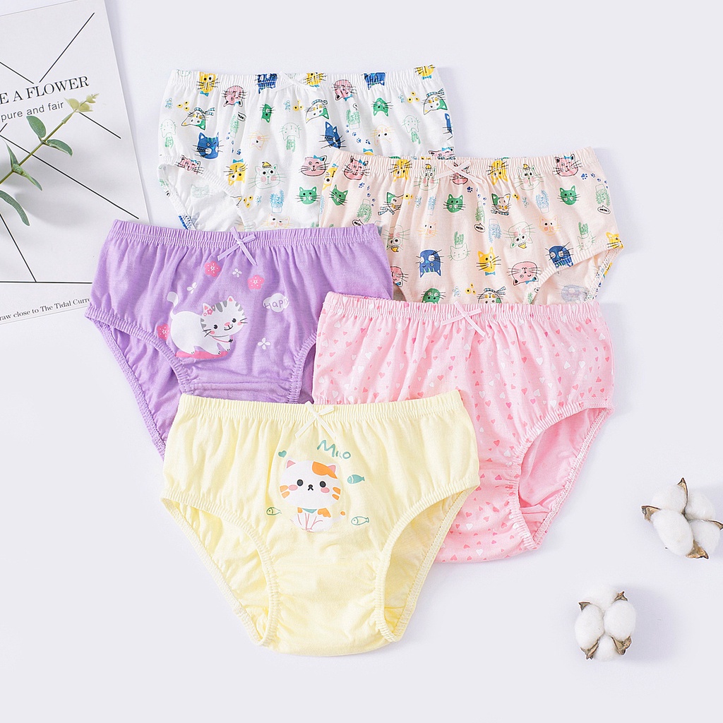 Set 5 quần xì trẻ em Hàn Quốc 100% vải cotton thoáng mát, an toàn cho sức khỏe mẫu Mèo Tím dành cho bé gái