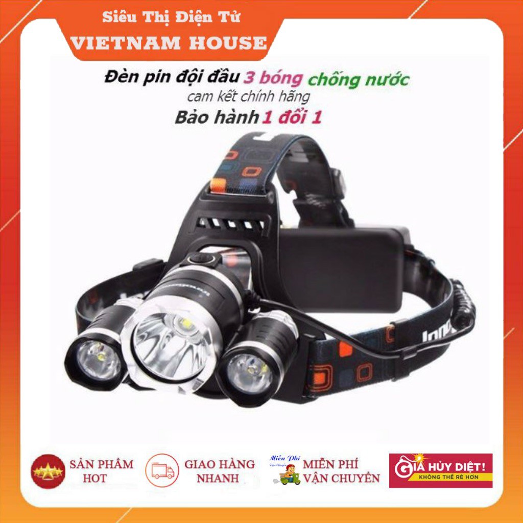 Loại 1 - Đèn Pin Đội Đầu Headlight 3 Bóng - Trắng, Đèn Pin T6 Siêu Sáng - Tặng Kèm Sạc &amp; 2 Pin.