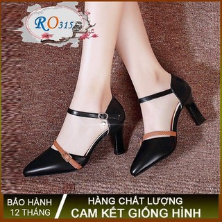 Giày sandal nữ cao gót 6p hàng hiệu rosata hai màu đen da ro315
