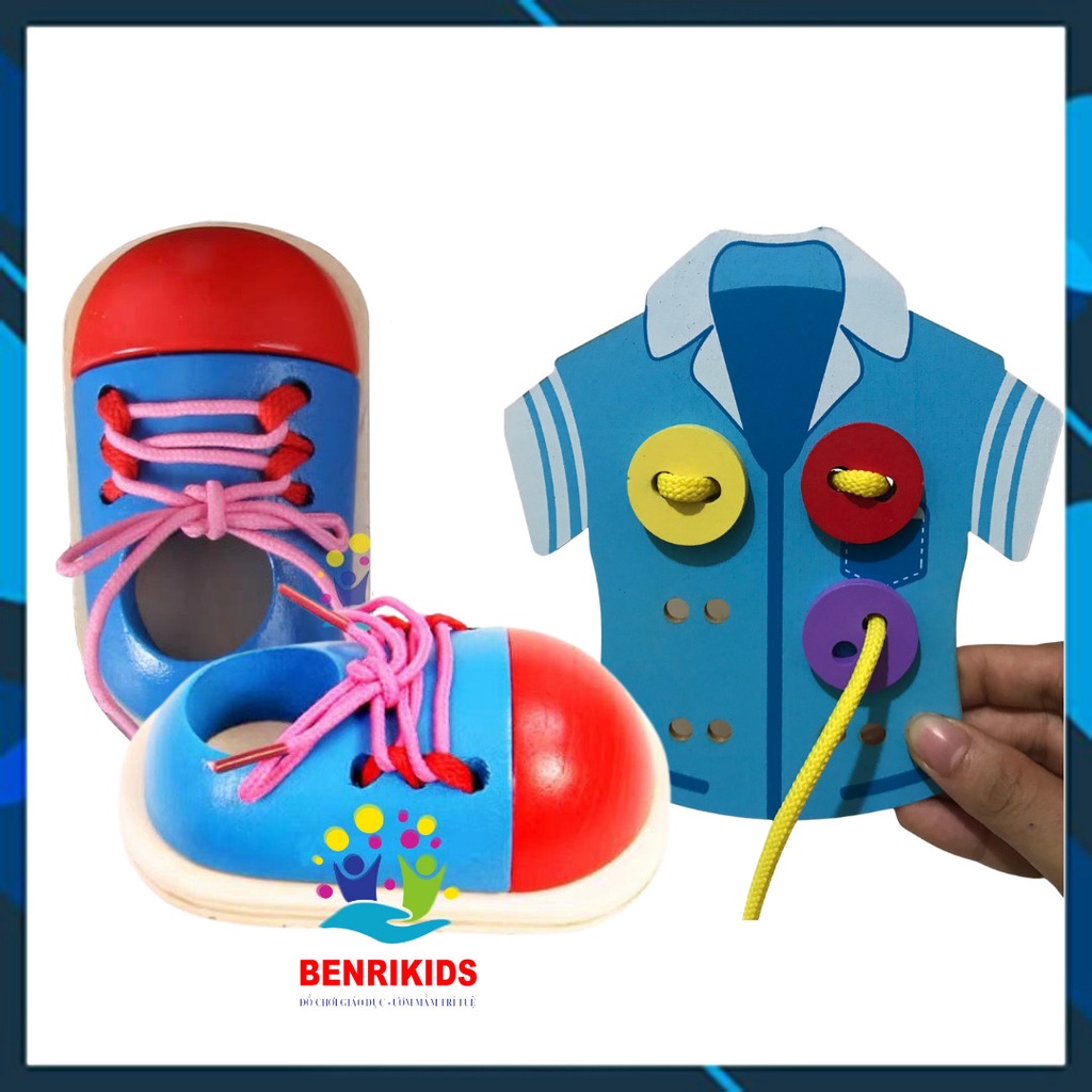 Combo Áo Xâu Khuy + Giày Xỏ Dây Bằng Gỗ Cho Bé - Đồ Chơi Rèn Luyện Trí Tuệ