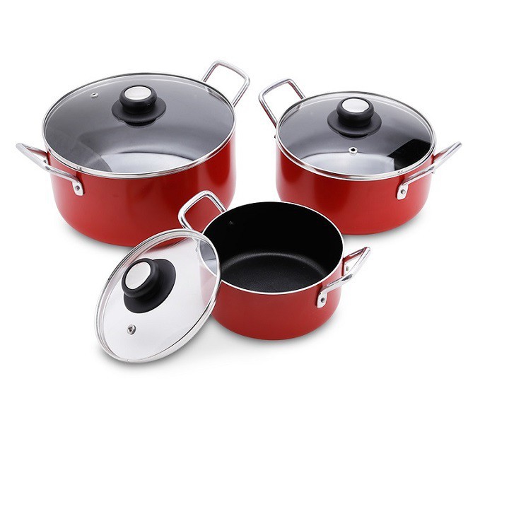 Bộ 3 nồi nhôm chống dính nắp kính Rainy RN 06TT-KDV (Đỏ)