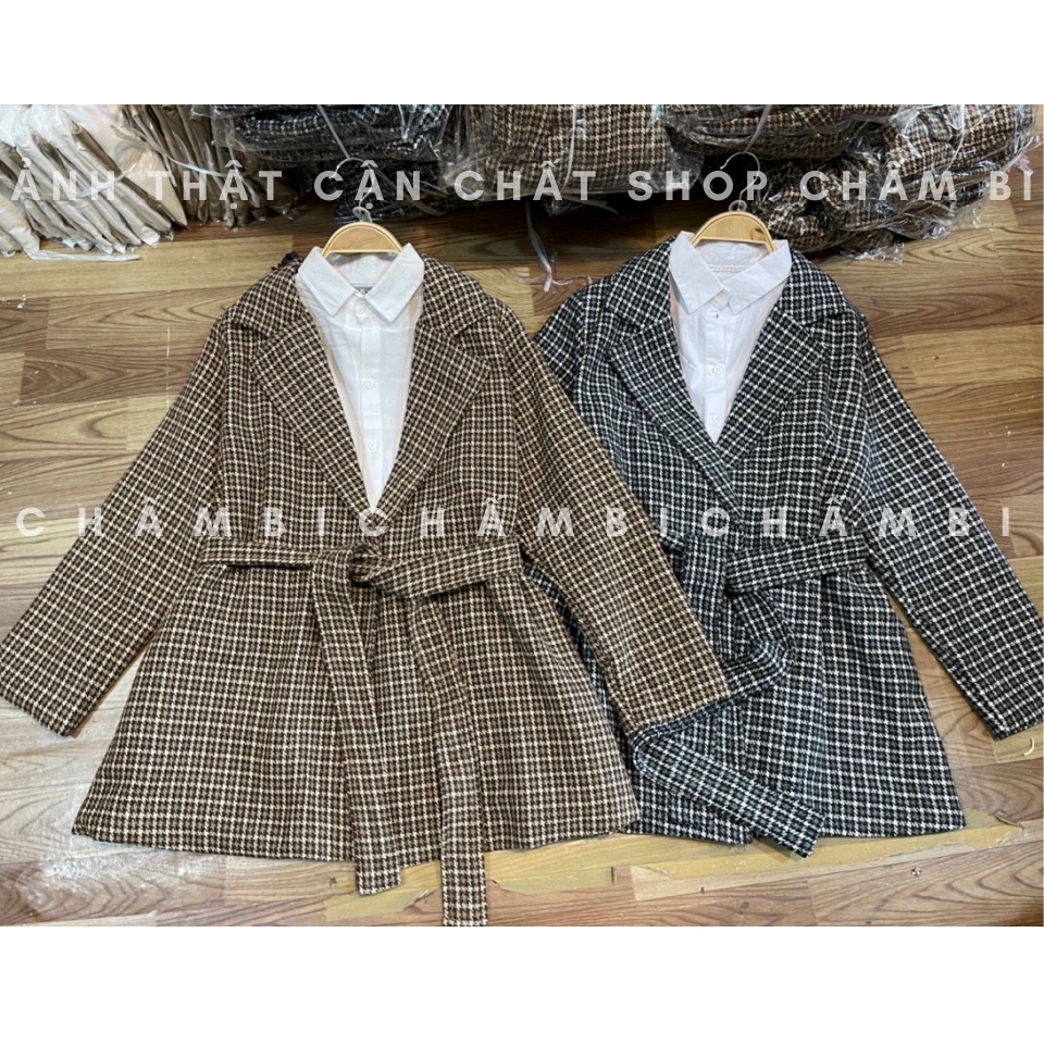 Áo khoác kiểu nữ A.274, Áo khoác dạ kẻ caro cổ vest 2 màu thắt đai eo tiểu thư