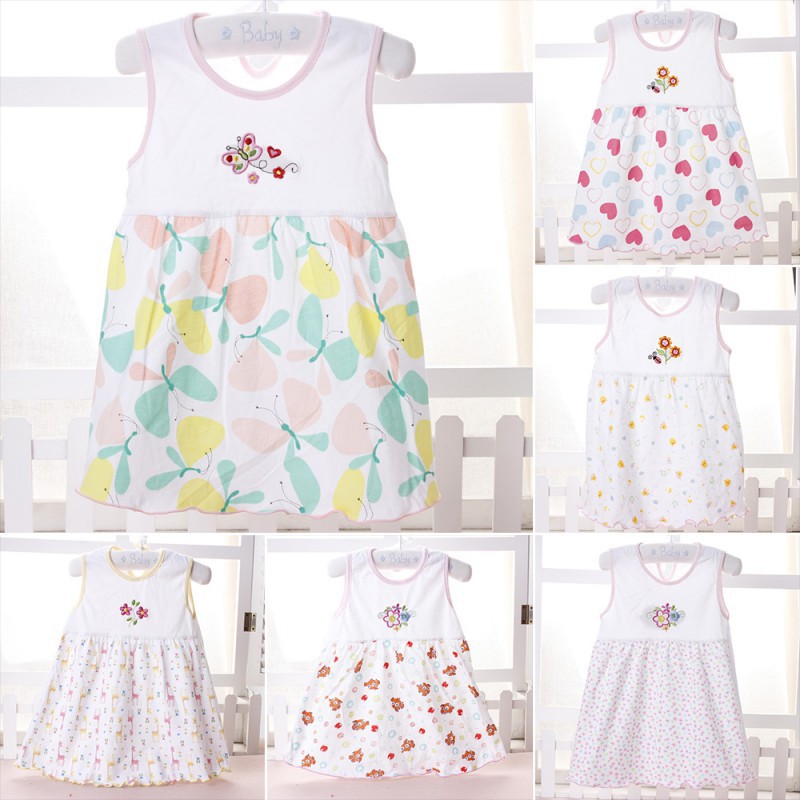 Đầm suông sát nách vải cotton in họa tiết đáng yêu cho bé gái 1-2 tuổi