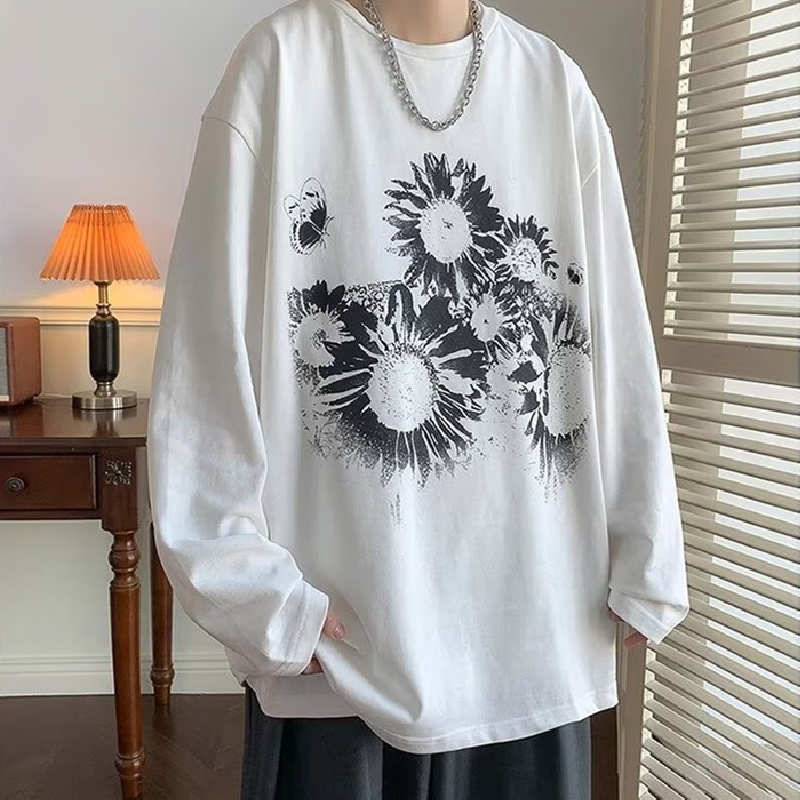 Áo Thun Tay Dài Dáng Rộng In Họa Tiết Hoa Phong Cách Hàn Quốc Thời Trang Cho Nam Và Nữ size M-5XL