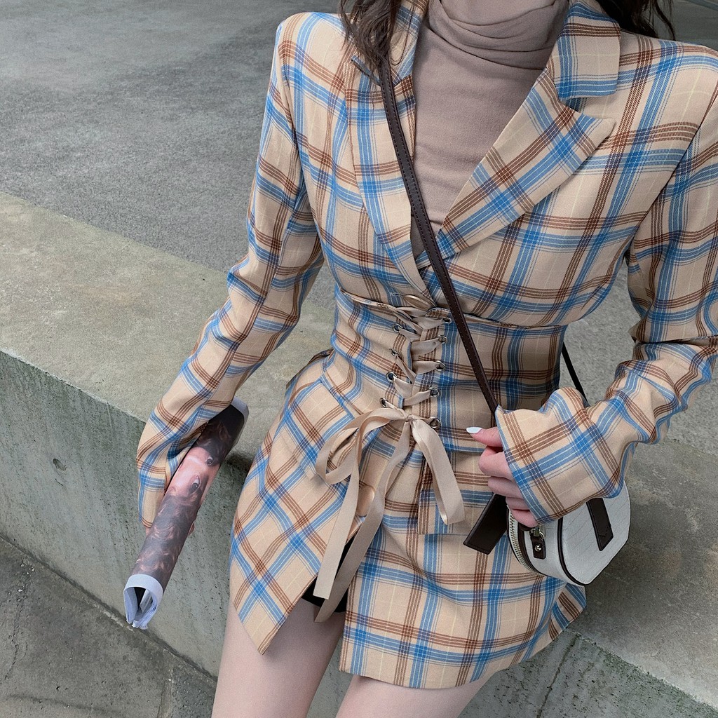 Áo blazer sọc caro kèm đai eo đan dây phong cách retro nữ tính (có hình thật) | BigBuy360 - bigbuy360.vn
