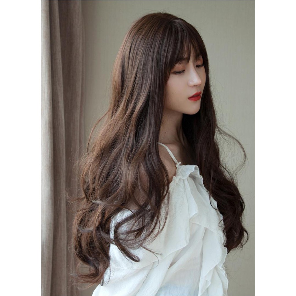 Tóc giả nữ nguyên đầu xoăn dài, tóc bộ cả đầu mái thưa 36