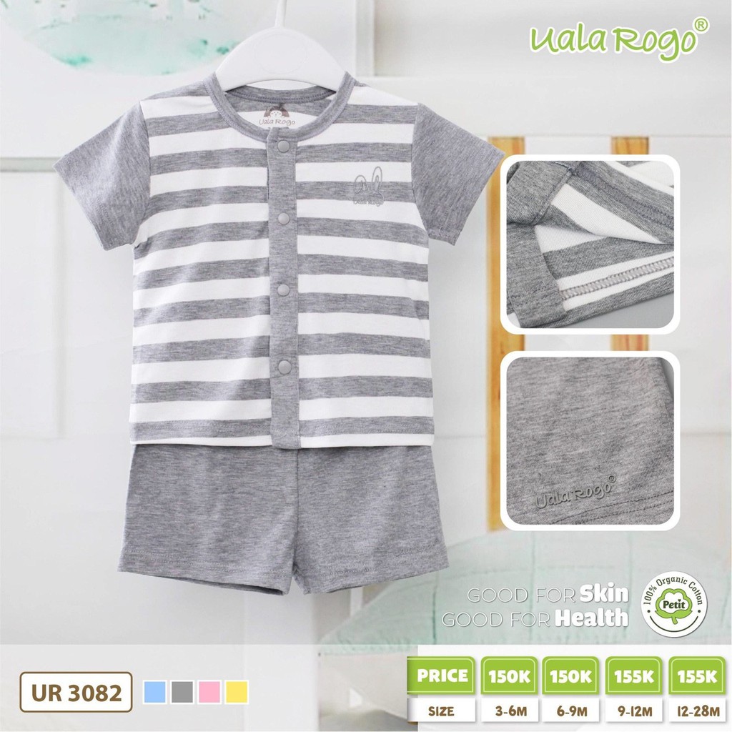 Bộ cộc tay cài giữa UALA &amp; ROGO vải organic cotton &amp; petit hè mát 3082