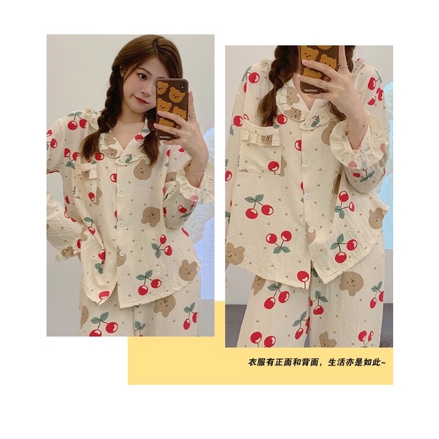 Bộ Pijama Chất Đũi Xốp Cổ Bèo Mặc Nhà Hoạ Tiết Gấu Cherry Xinh