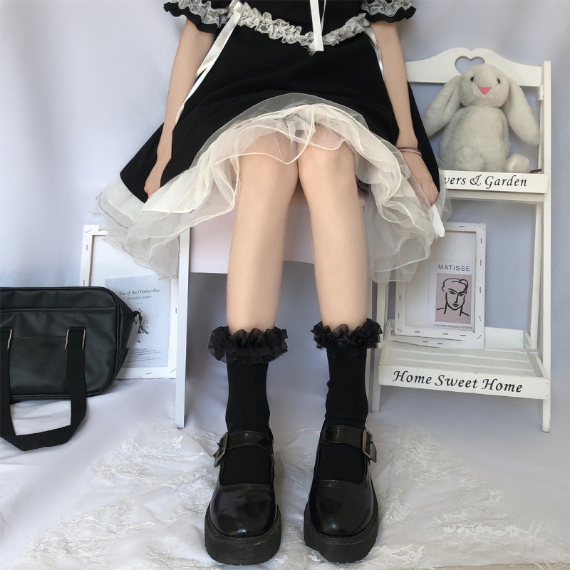 Xixi Vớ Cotton Cổ Thuyền Màu Trơn Viền Ren Nhún Bèo Phong Cách Harajuku Nhật Bản Ngọt Ngào Cho Nữ