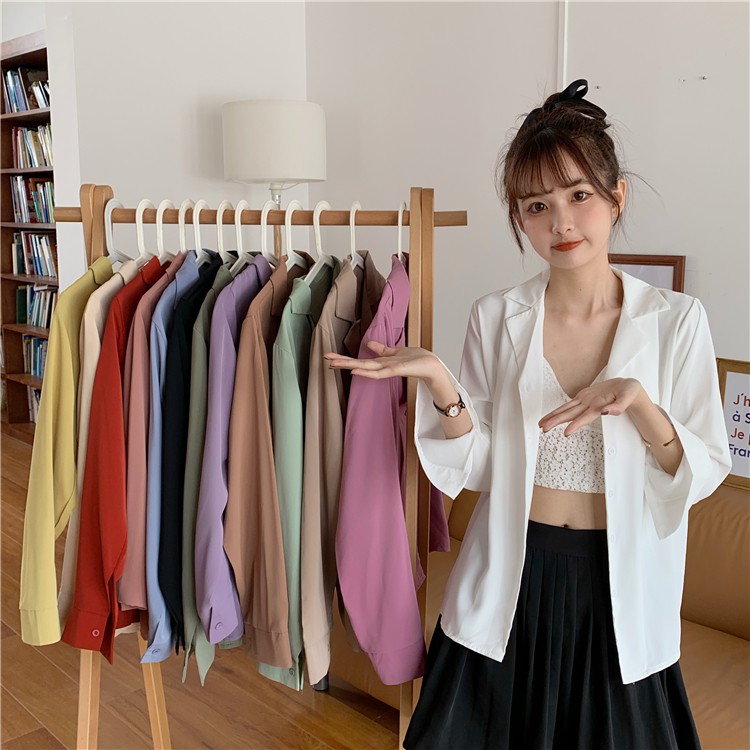 SUXI Áo Sơ Mi Tay Dài Màu Trơn Cổ Bẻ Thời Trang Mùa Thu Cho Nữ