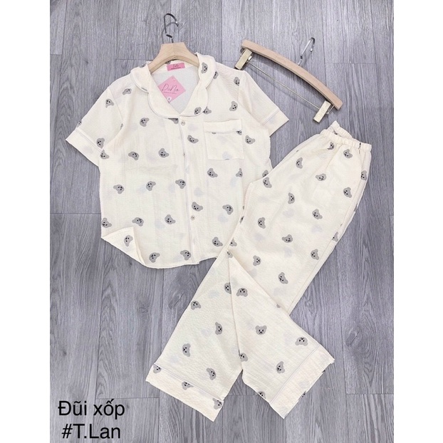 Bộ pyjamas chất đũi xốp áo cộc quần dài nhiều hình dễ thương, Bộ ngủ xinh phong cách trẻ trung mùa hè