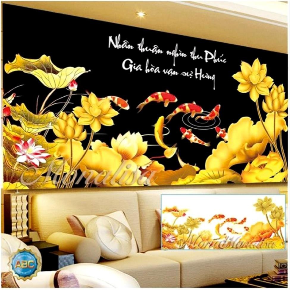 - Tranh thêu chữ thập cá chép sen vàng Gia hòa vạn sự hưng LV3379:125x59Cm- tự thêu NCS-NGỌC CHÂU SHOP