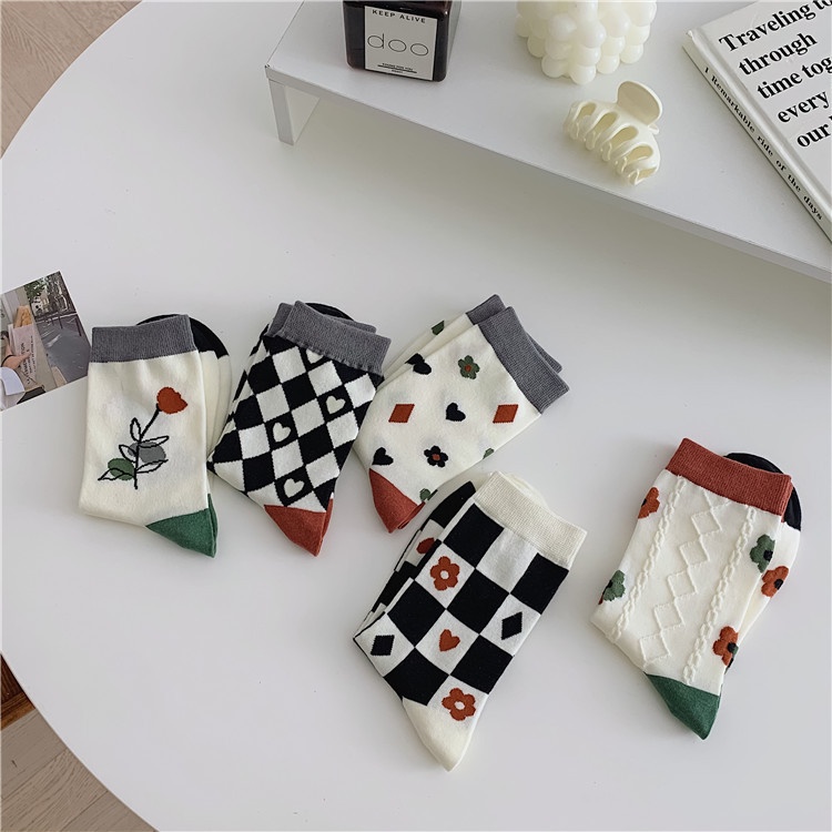 Vớ tất cổ cao Unisex bông hoa caro tim art