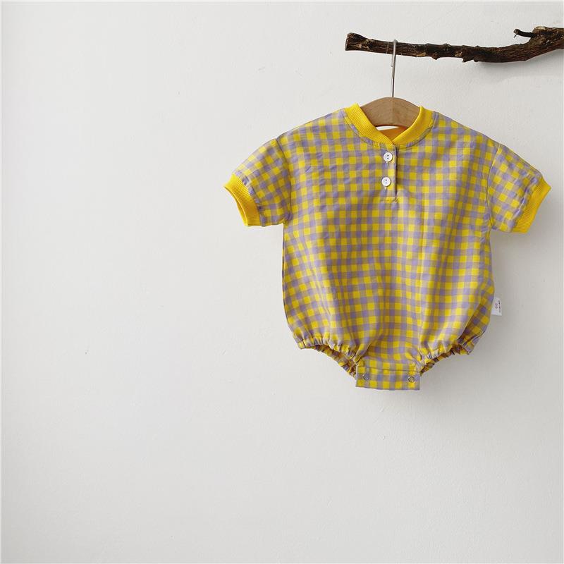 Áo Liền Quần Tay Ngắn Chất Liệu Cotton Họa Tiết Sọc Caro Cho Bé Trai 0-18 Tháng Tuổi