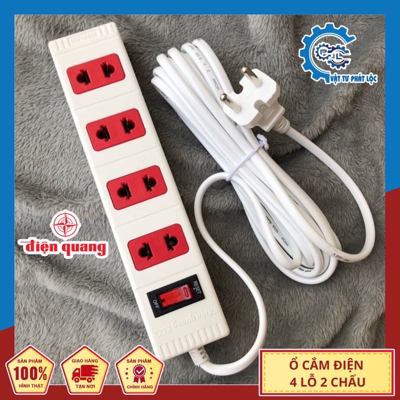 Ổ cắm Điện Quang 4 lỗ, 2 chấu, 1 công tắc dây 2m, 5m