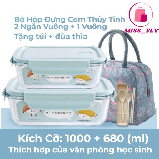 [Tặng Kèm Túi Đũa Thìa] Set 2 Hộp Cơm Chia Ngăn Thủy Tinh Cao Cấp Quay Lò Vi Sóng - Hộp đựng thực phẩm glass food